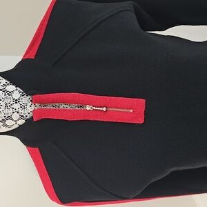 Ralph Lauren Soft Merino Wool Sweater Black With Red 1/4 Zip With Zipper Sleeves